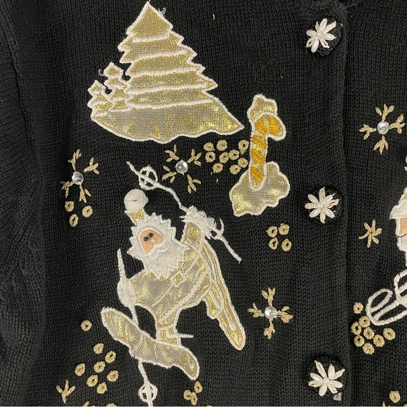 Vtg VICTORIA HARBOUR Cardigan XL Black Gold Embroidered Santa Ski Snowboard Sled - Picture 5 of 15